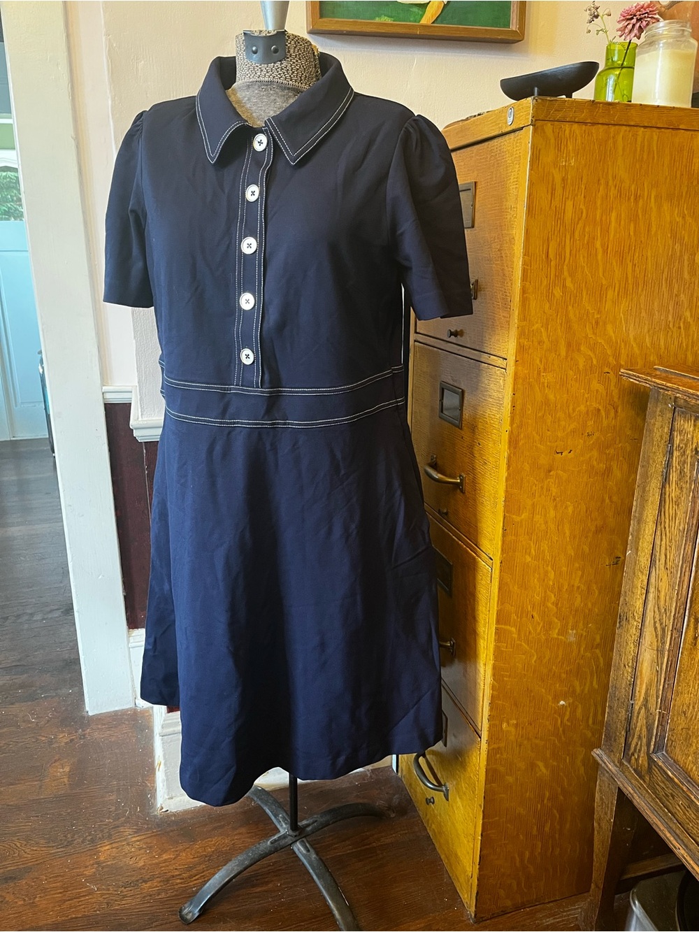 Boden Navy Short-Sleeve Button-Front Midi Dress NWT